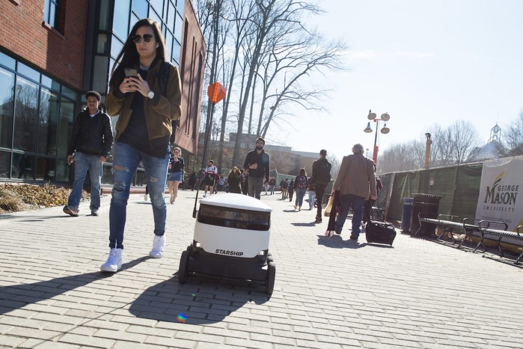 Starship Robots deliver food to the Mason community on the Fairfax Campus. Photo by Evan Cantwell/Creative Services/George Mason University