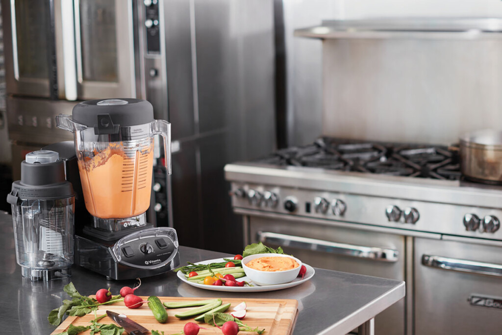 Several manufacturers have upgraded their food blenders to include more horsepower. The additional strength helps chew through a high volume of ingredients with less stress on the equipment. Courtesy of Vitamix.