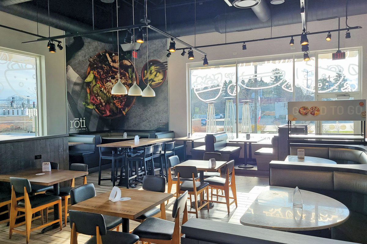 Seating area at Roti’s Northbrook prototype 