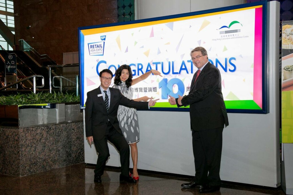 UBM HKES General Manager Daniel Cheung (left)—pictured at Retail Asia Expo & Conference in 2019 with Monica Lee-Muller, managing director of HML, and Michael Duck, EVP of commercial development at Informa Markets—will retire this May. Photo Courtesy of Hong Kong Convention and Exhibition Centre/Facebook