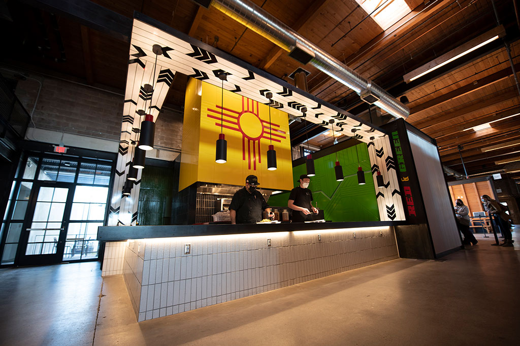 Food halls, such as Sawmill
Market in New Mexico,
inherently offer to-go-friendly
menu items and space for
social distancing. Photo by
Douglas Merriam.