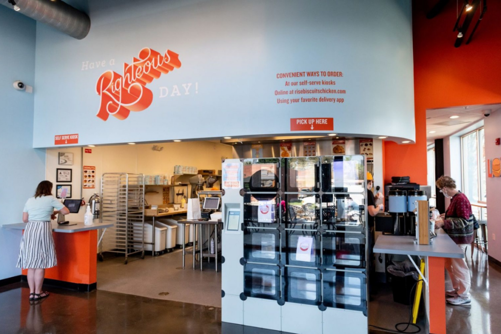 Rise 1200x800 Rise Southern Biscuits and Righteous Chicken has invested in technology like in-store kiosks and temperature-controlled food lockers to help combat labor shortages. Courtesy of Rise Southern Biscuits and Righteous Chicken.