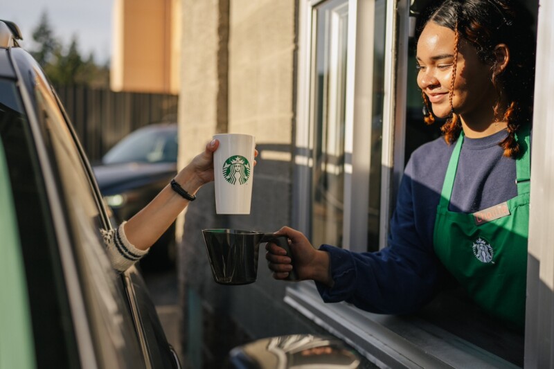 Starbucks Personal Cup program launch images captured in store.