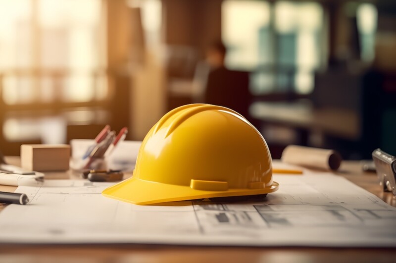 yellow safety construction helmet on a table created with Generative AI