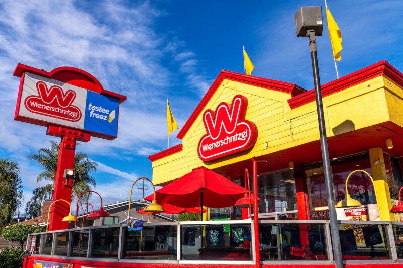 Burbank, CA, USA January 16, 2022: Exterior of a Wienerschnitzel fast food restaurant in Burbank, CA.