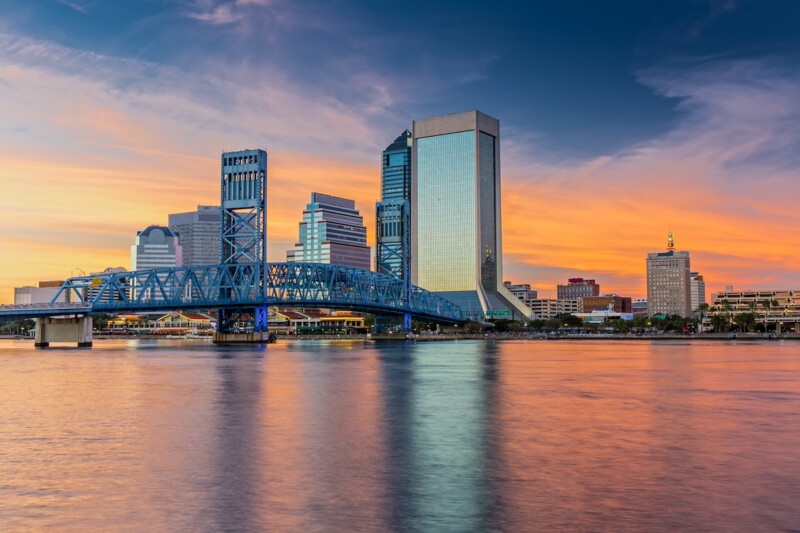 Skyline of Jacksonville, FL and Main Street Bridge at Dusk