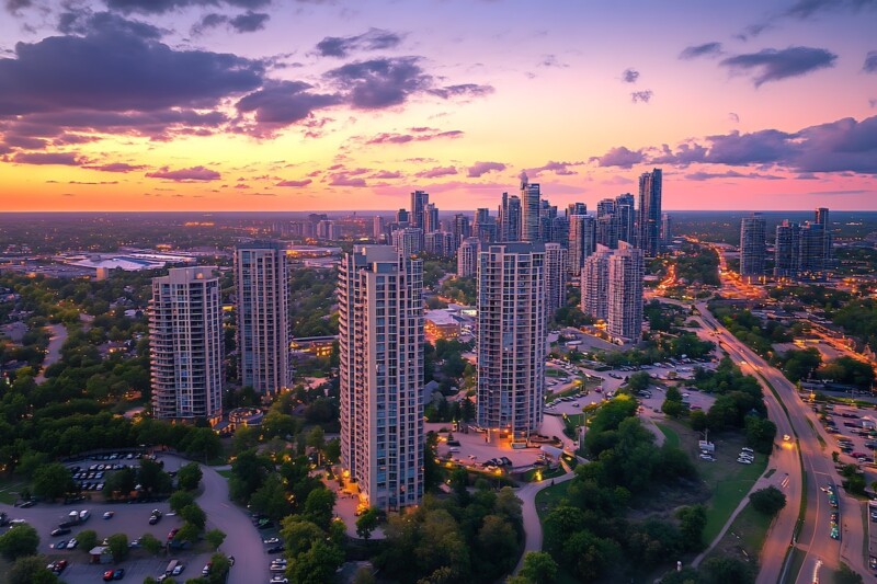 Aerial view of Mississauga skyline at sunset, Ontario Canadar
