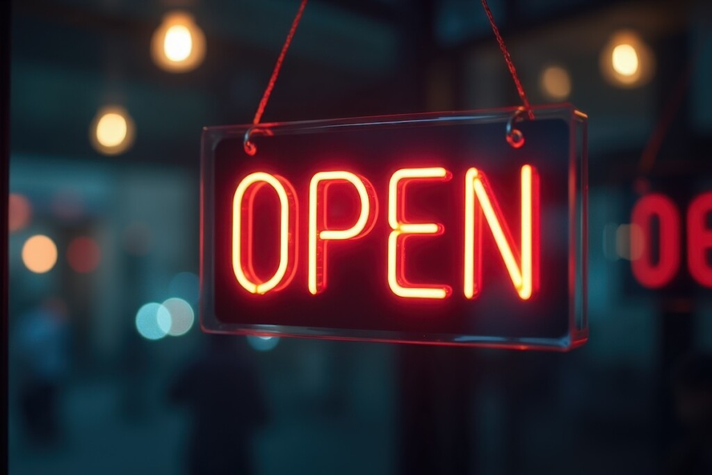 Neon sign that says open hanging from a window Neon sign that says open hanging from a window