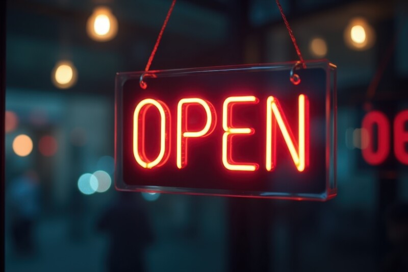 Neon sign that says open hanging from a window