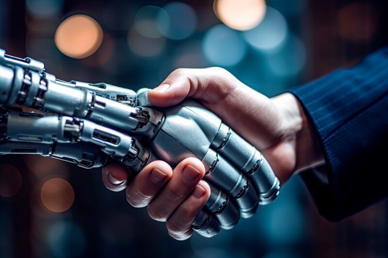 Business handshake between robot and human partners or friends. Generative AI.