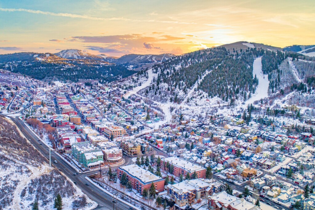 Downtown Park City, Utah, USA Drone Skyline Aerial